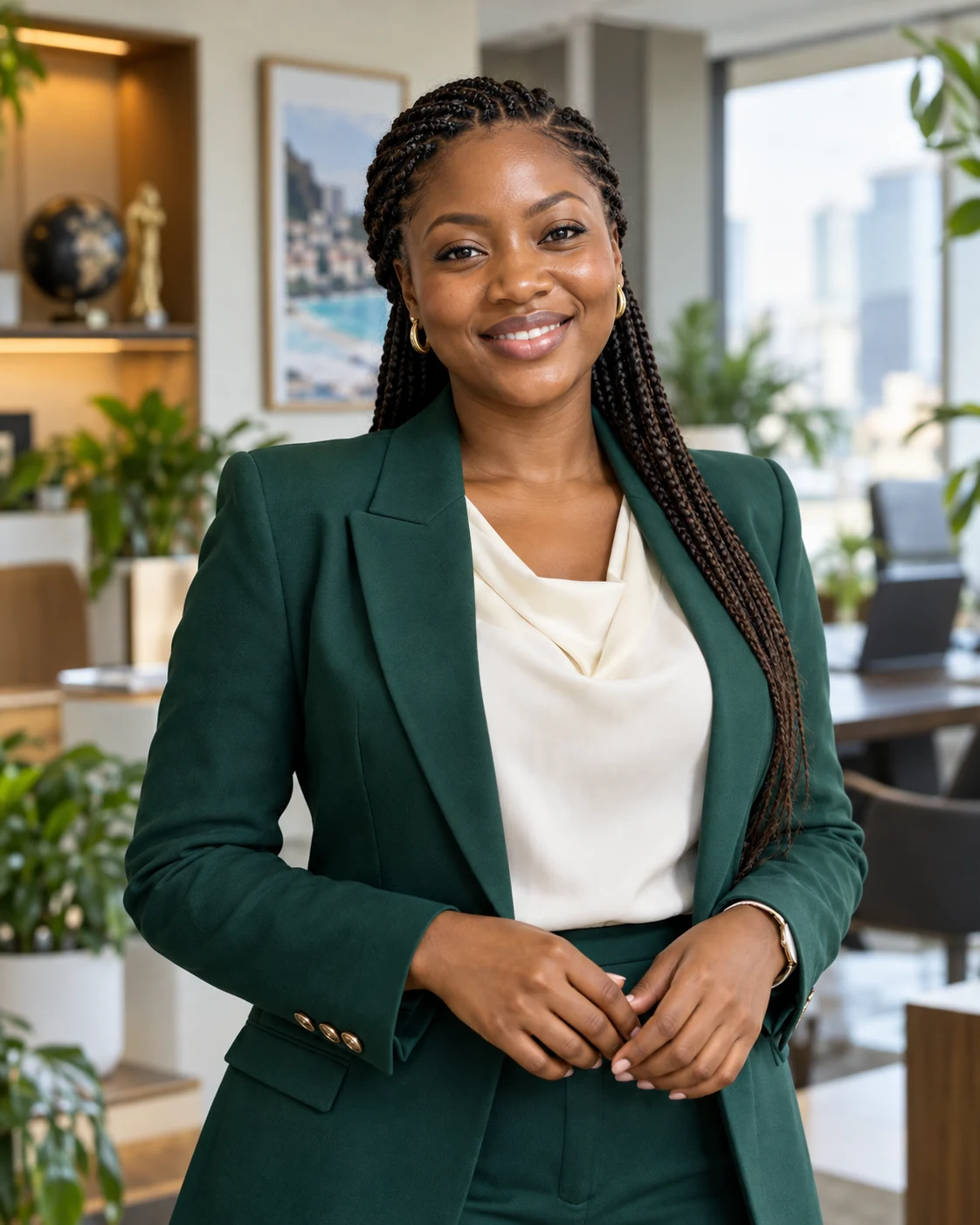 Illustrative portrait of a Nigerian woman in a bright travel consultancy setting