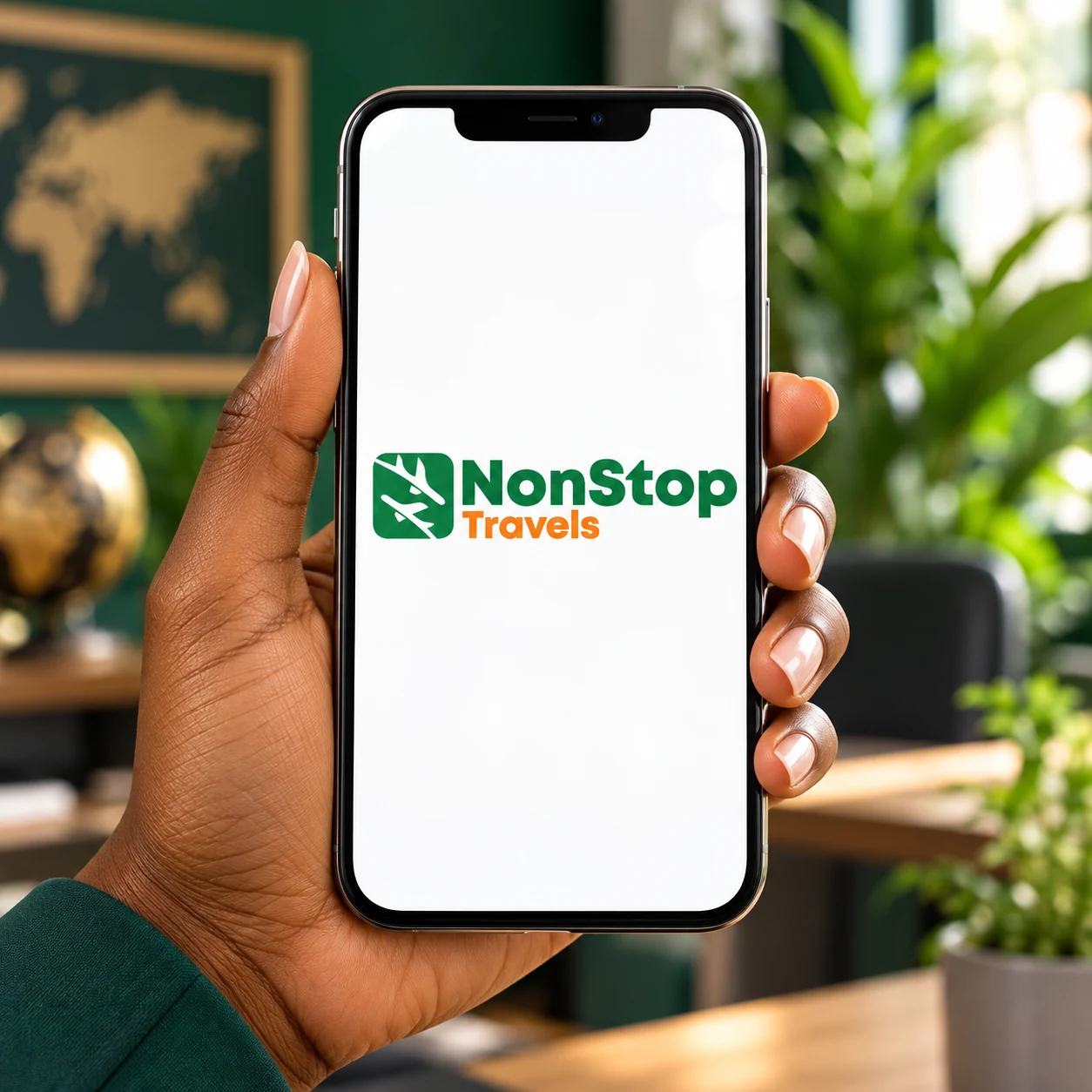 A hand holding a phone displaying the NonStop Travels logo