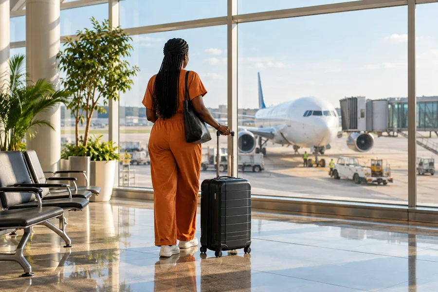 Traveller with luggage in an airport terminal