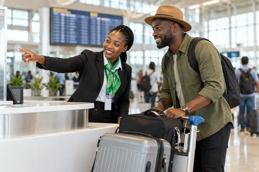 Travel support professional assisting a traveller