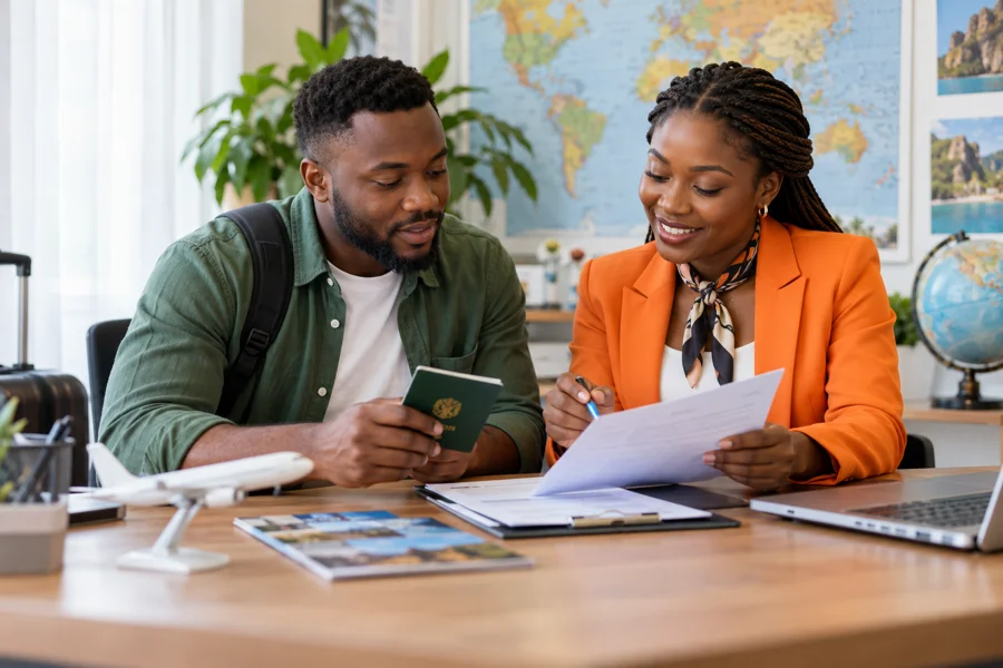 Traveller reviewing passport and visa paperwork with an adviser